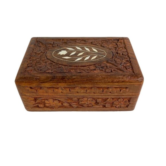 Vintage Wood Trinket Box Hand Carved Inlay Jewelry Box Storage - Picture 2 of 9